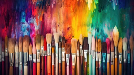 Colorful paintbrushes and paint,  motley watercolor paint, brightly art, art school artistic drawing, multicolored batik multicolored design, creative exhibition art paint, luminous radiant craft - obrazy, fototapety, plakaty
