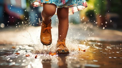 Fotobehang Joyful little feet meet puddles in a dance of innocence and delight © PRI