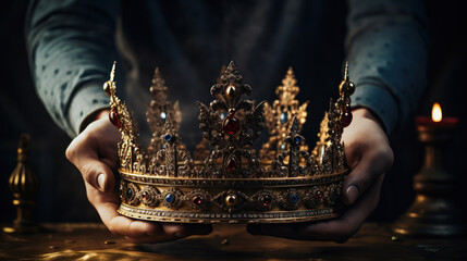 Crown held in hand, a silent testament to waiting power - obrazy, fototapety, plakaty