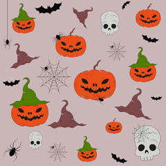 Scary Halloween pattern, pumpkins, spiders, bats and skulls, vector illustration.