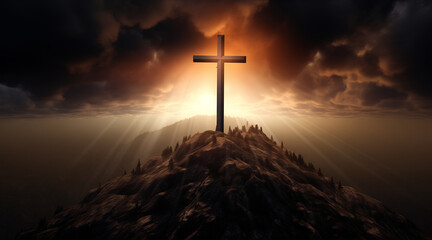 Naklejka premium Holy cross symbolizing the death and resurrection of Jesus Christ with the sky over Golgotha Hill is shrouded in light and clouds