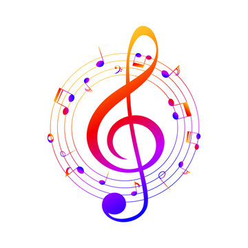 Colorful music notes, circle with treble clef, musical vector illustration.