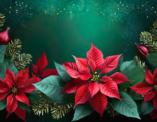 Obraz na płótnie Canvas Christmas background with red poinsettia star flowers, top view with copy space