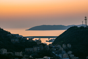 Xiaoruo Village, Wenling City, Taizhou City, Zhejiang Province - sea view and fishing village at sunrise