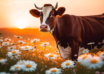 A Majestic Cow Amidst a Serene Meadow of Delicate Daisies