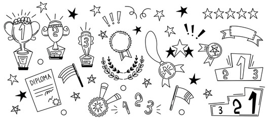 Set of awards, cups, medals for winners. Doodle style on isolated white background, vector graphic.