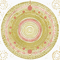 Golden boho Christmas background. Hand-drawing of Xmas baubles, Risograph effect aesthetics, geometric Abstract shapes, festive dots balls backdrop,  Vintage Christmas with riso print texture