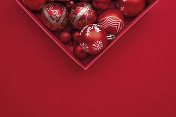 Red Christmas baubles decoration in the box on red background