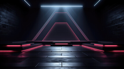 Futuristic room background, dark stage with neon low lighting. Minimalist design of empty studio or showroom, modern hall interior. Concept of game, show, industry, ski-fi - obrazy, fototapety, plakaty