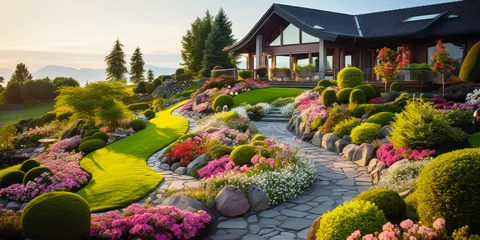 Zelfklevend Fotobehang Beautiful home garden in summer, scenery of upscale landscaped house backyard at sunset. Scenic view of path, flowers and green plants. Concept of landscaping, nature, luxury design, yard © scaliger