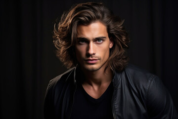 Young man with long brown hair on dark studio background. Face of handsome male model wearing black casual jacket. Concept of style, fashion, beauty, guy portrait, stylish hairstyle - obrazy, fototapety, plakaty