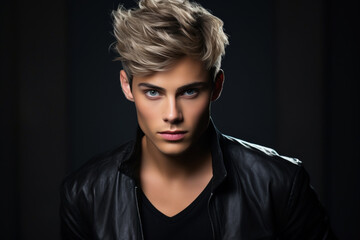 Young handsome man with short blond hair on dark studio background. Face of boy model wearing black jacket. Concept of style, fashion, beauty, male portrait, stylish hairstyle
