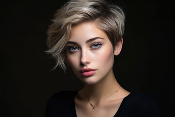 Beautiful young woman with short blond hair on black background. Face of girl model with stylish hairstyle, healthy skin. Concept of style, fashion, salon, studio, makeup, haircut