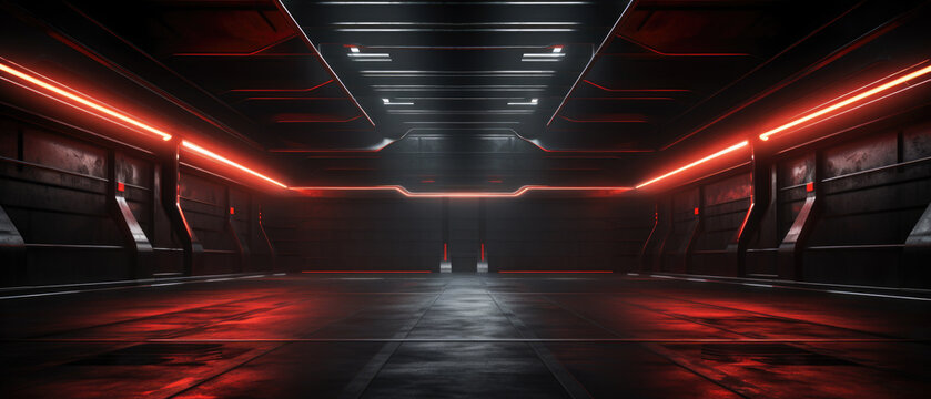 Modern garage background, futuristic warehouse with red neon lighting. Minimalist design of dark empty room, panorama of hallway interior. Concept of hangar, industry, hall, spaceship