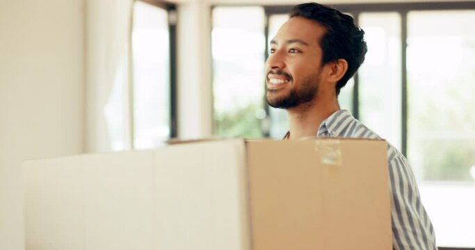 New, homeowner and man with a box, real estate and property investment with dream house, excited and happiness. Male person, buyer and apartment with cardboard, packaging and goals with achievement