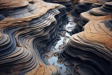 Fotobehang Erosion patterns revealing intricate layers of soil and rock on a riverbank © Dan