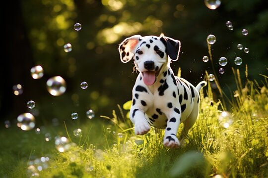 Dalmatian puppy chasing soap bubbles