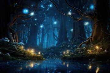 Naklejka premium Enchanted forest illuminated by fireflies against a backdrop of deep blue twilight