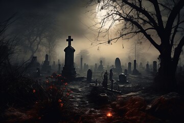 Fototapeta premium Eerie graveyard cloaked in fog under full moon