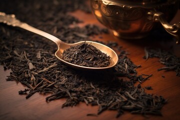 Earl Grey tea leaves encircling a vintage teaspoon