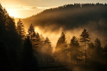 Early morning mist settling over a dense pine forest with golden sunlight filtering through