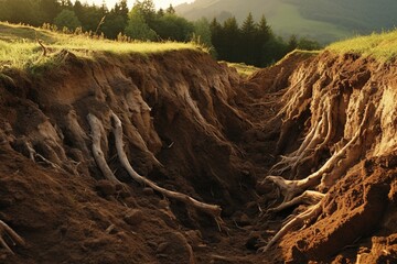 Eroded soil on a hillside, with exposed roots and loose dirt - obrazy, fototapety, plakaty