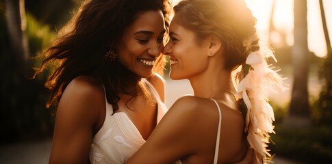 wedding photo of a female couple in love, 2 beautiful smiling girls