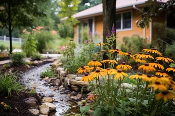 Eco-friendly rain garden with native flowering perennials