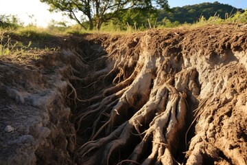 Eroded soil on a hillside, with exposed roots and loose dirt