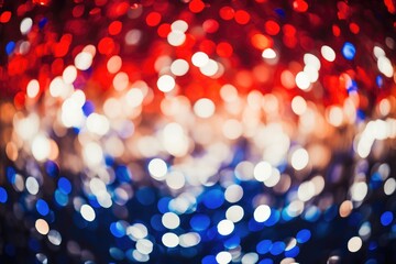 Abstract white, red and blue glitter lights background. Circle blurred bokeh. Festive backdrop. American independence day, celebration, patriotism and holidays concept. 4th july party