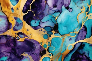 Banner with fluid art texture. Backdrop with abstract mixing paint effect. Liquid acrylic artwork that flows and splashes. Mixed paints for interior poster. Purple, teal blue and gold colors