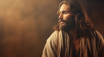  Portrait of Jesus captured in an emotive and serene moment - obrazy, fototapety, plakaty