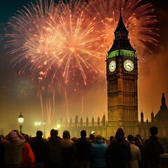 big ben clock tower, fireworks, new year celebration