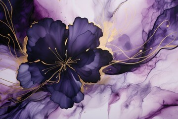 Modern fluid art alcohol ink flower. Dark purple, blue and gold liquid marble background. Backdrop...