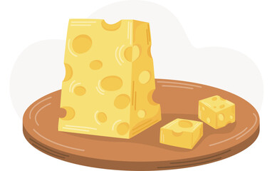 Swiss cheese with holes, sliced ​​cheese in a piece on a wooden board. Flat vector illustration. Dairy products. Nutrition concept. Kitchen image.