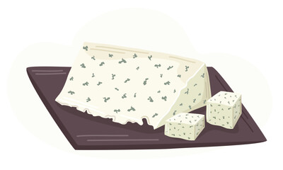 A whole piece of blue cheese on a cutting board. Flat vector illustration. Dairy products. Stinky cheese. Nutrition concept. Kitchen image.
