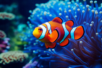 Fototapeta na wymiar a clownfish swimming among some coral, in the style of realistic life