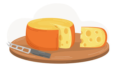 Swiss cheese with holes, sliced ​​cheese in a piece on a wooden board. Flat vector illustration. Dairy products. Nutrition concept. Kitchen image.