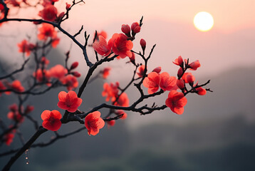 foggy and sun set, in the style of cherry blossoms, dark orange and red