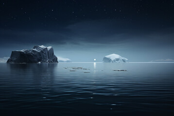 a landscape of icebergs at night with moon and stars - obrazy, fototapety, plakaty