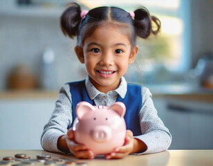 child with piggy bank. saving money. future saving. collecting coins for future