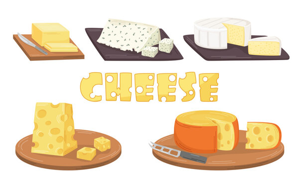 A set of pieces of different types of cheeses and butter. Camembert, blue cheese, swiss cheese. Flat vector illustration. Dairy products. Nutrition concept. Kitchen image. 