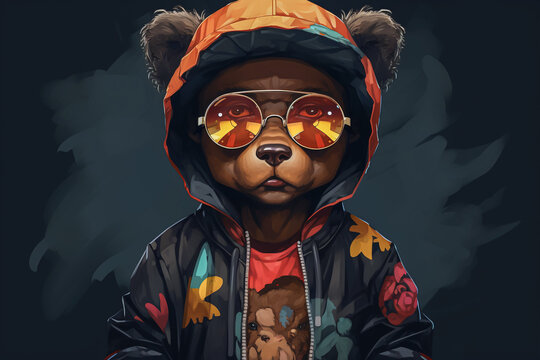 A cub bear wearing hip-hop style street fashion. Funny cute animal, child bear, rapper and hustler concept