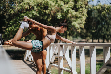 A couple in sportswear doing stretch exercises on a bridge, motivated and happy to train outdoors. Recreation, friends, and better body shape are the positive results.