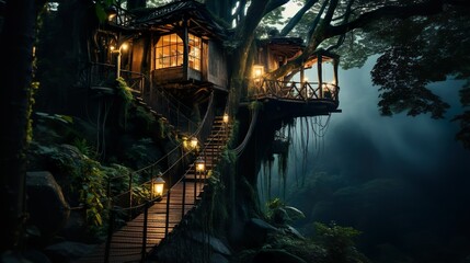 tree house tropical forest in night