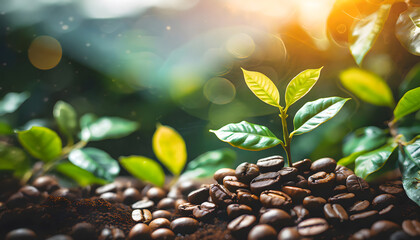 Fototapeta premium junge, Kaffeebohnen, pflanze, hintergrund, copyspace, werbetafel