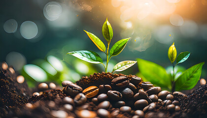 Naklejka premium Kaffeebohnen, baum, natur, Pflanze, werbetafel, neu, Hintergrund, makro, sliced, lichtdurchflutet, sonne