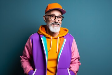 Handsome senior hipster man with cap and colorful jacket on blue background
