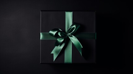 Top view photo of black giftbox with green ribbon bow on isolated black background with empty space. The concept of holiday surprise for New Year or Christmas. New Year concept. Decor concept. 