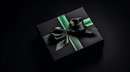 Top view photo of black giftbox with green ribbon bow on isolated black background with empty space. The concept of holiday surprise for New Year or Christmas. New Year concept. Decor concept. 